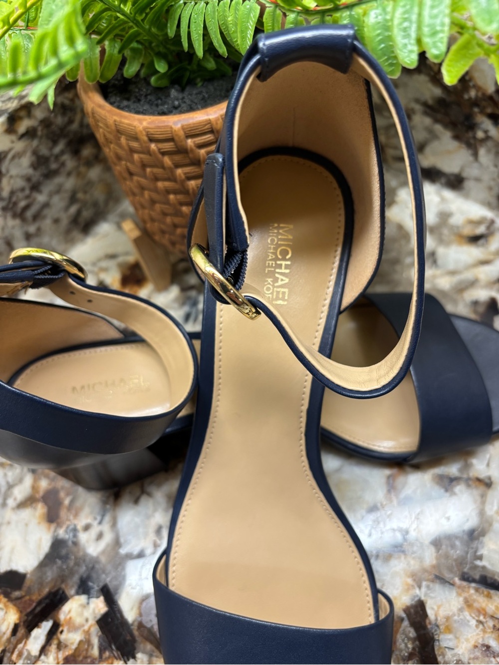 Michael Kors Navy Blue Ankle-Strap Block Heel Sandals - Picture 13 of 15